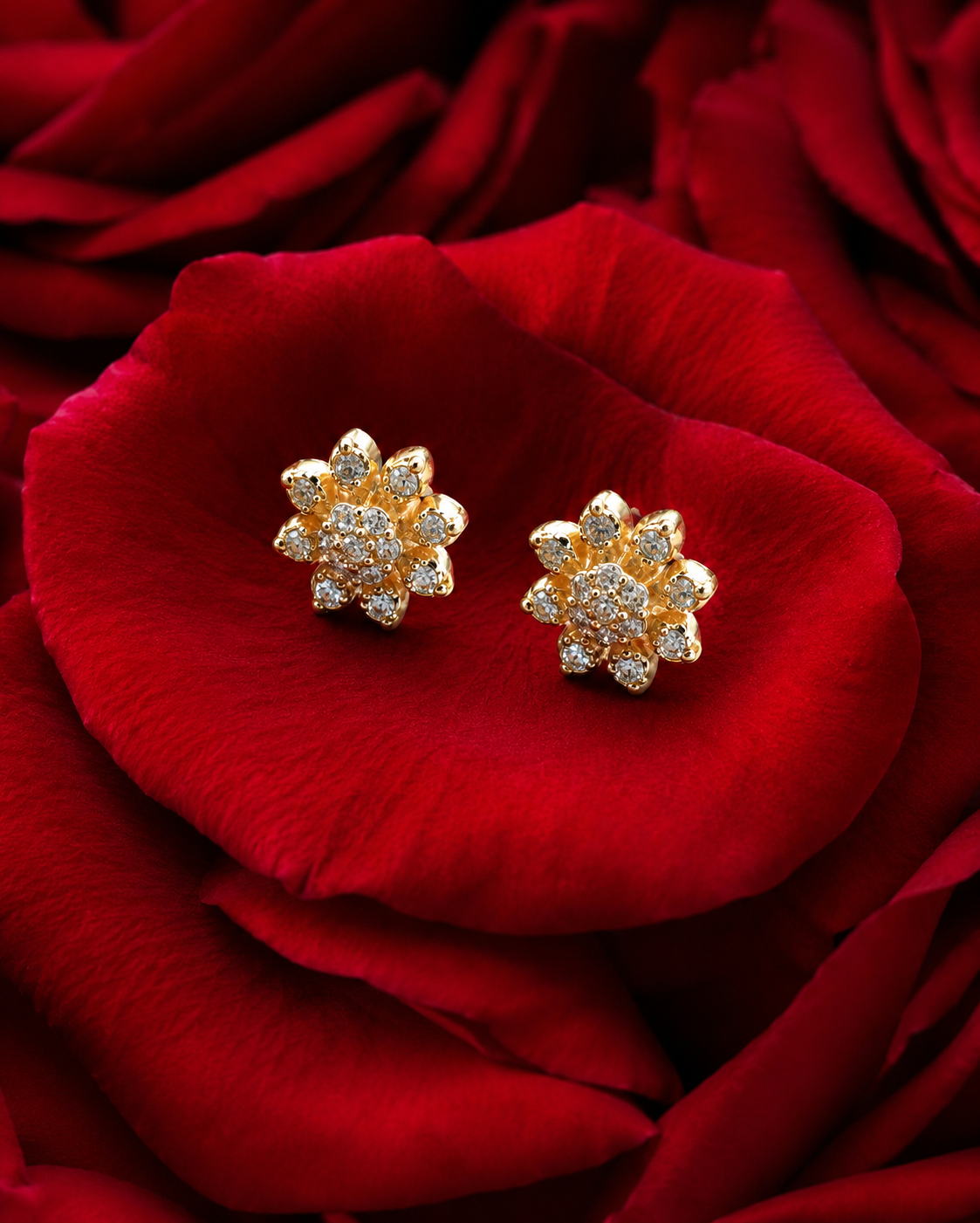 ZILA Floral Crystal Stud Earrings – Gold-Plated Elegant Blossom Design