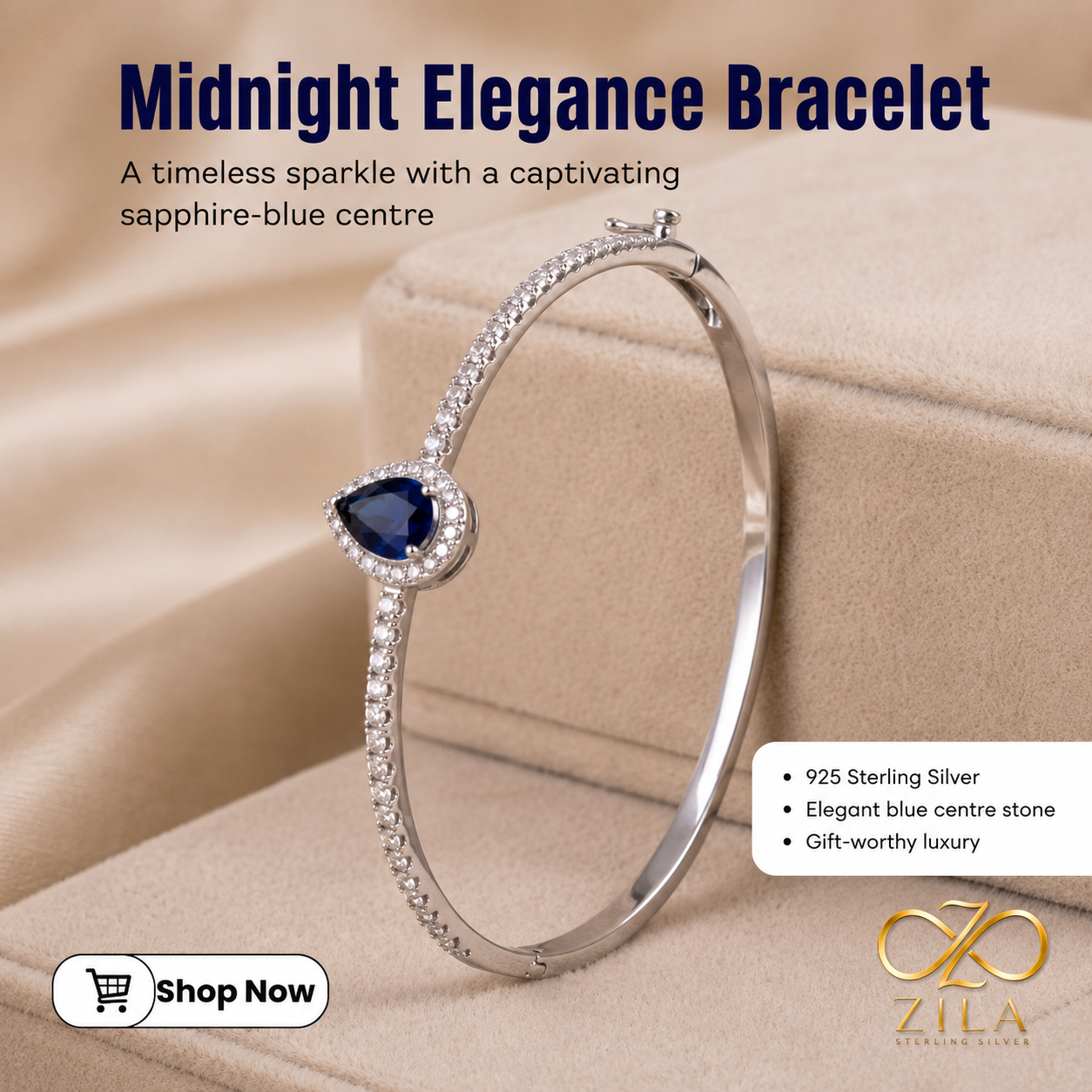 Midnight Elegance 925 Sterling Silver Bracelet with Sapphire-Blue Centre Stone